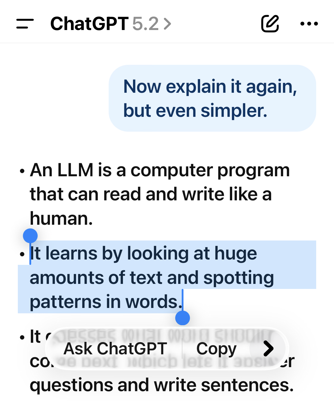 Copying text from an AI reply